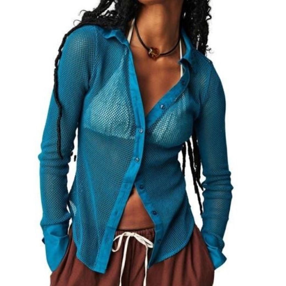 NWOT Free People Siggi Button Down Blue Cotton Open Stitch layering Street Chic